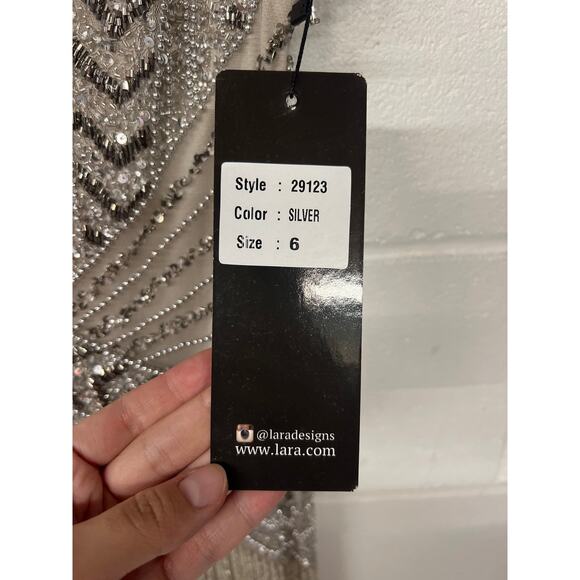 New Lara Sz 6 Silver Fringe Beaded Short Sleeve V-Neck Cocktail Party Mini Dress - Picture 6 of 10